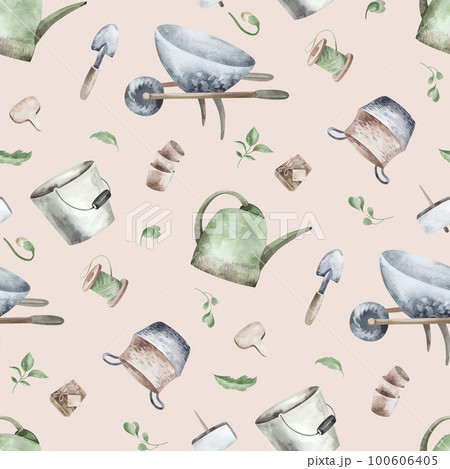 Seamless pattern, background, texture. Watercolor drawing of a garden hobby. Planting seedlings, plants. garden supplies, garden tools. 100606405