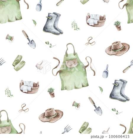 Seamless pattern, background, texture. Watercolor drawing of a garden hobby. Planting seedlings, plants. garden supplies, garden tools. 100606415