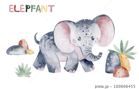 Watercolor illustration Baby elephant. Children's illustration of an African animal. Book drawing. 100606455