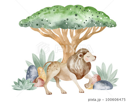 Watercolor illustration of an alligator in nature. Children's illustration of an animal. Book drawing. 100606475