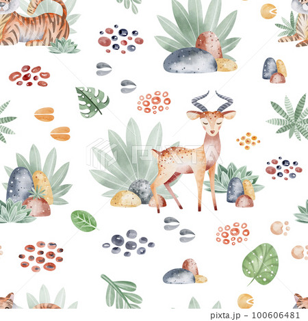 Animals of Africa seamless pattern with tropical leaves. Watercolor seamless pattern. Packaging design, poster, fabrics, digital paper, sublimation. Animals of Africa seamless pattern with tropical leaves. Watercolor seamless pattern. Packaging design, poster, fabrics, digital paper, sublimation. 100606481