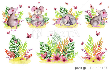 Watercolor set of illustrations of little mouse, basket, butterflies, forest mushrooms. Children's illustration isolated on white background cartoon mushrooms.Hand-drawn for print poster, book, poster 100606483