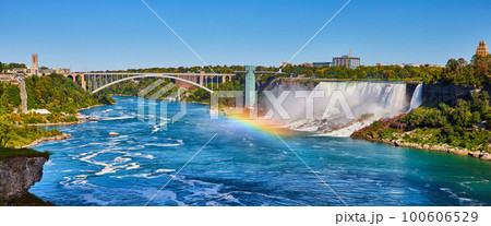 Stunning rainbow over Niagara River looking at American Falls and Rainbow Bridge Stunning rainbow over Niagara River looking at American Falls and Rainbow Bridge 100606529