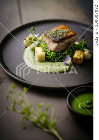 Lamb belly peas with herb crusted roast potato puree. Illustration AI Generative 100607082