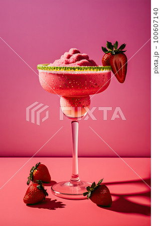 Strawberry margarita cocktail on a pink background. Illustration AI Generative Strawberry margarita cocktail on a pink background. Illustration AI Generative 100607140