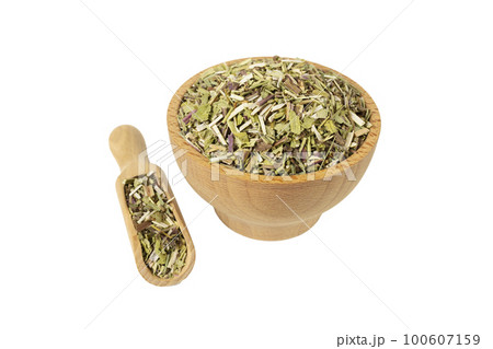 Catnip herb in latin - Nepeta cataria in wooden bowl and scoop isolated on white background. Medicinal herb. 100607159