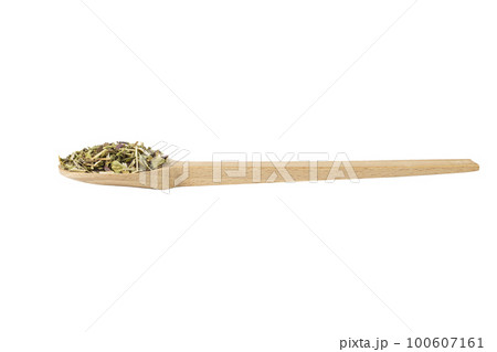 Catnip herb in latin - Nepeta cataria on wooden spoon isolated on white background. Medicinal herb. 100607161
