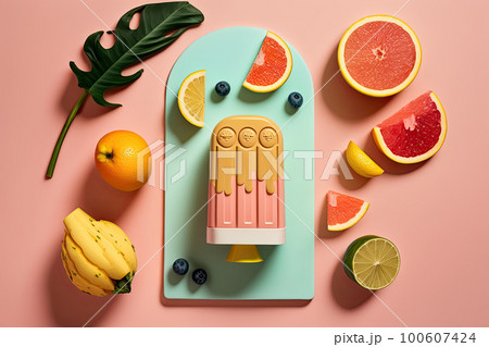 Fruit popsicle with ingredients over pink tile background. Illustration AI Generative Fruit popsicle with ingredients over pink tile background. Illustration AI Generative 100607424