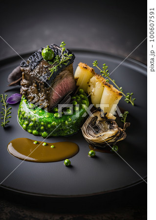 Lamb belly peas with herb crusted roast potato puree. Illustration AI Generative 100607591