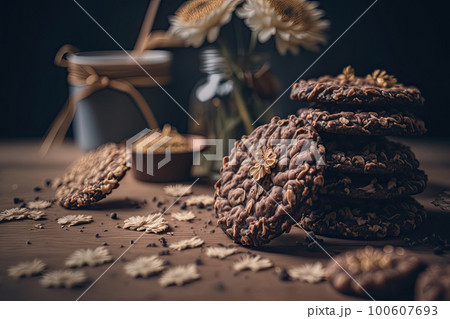 Fresh homemade Chocolate Oatmeal Cookies. Illustration AI Generative 100607693