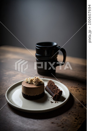 A vegan espresso mini cake on a ceramic plate documentar. Illustration AI Generative 100607694
