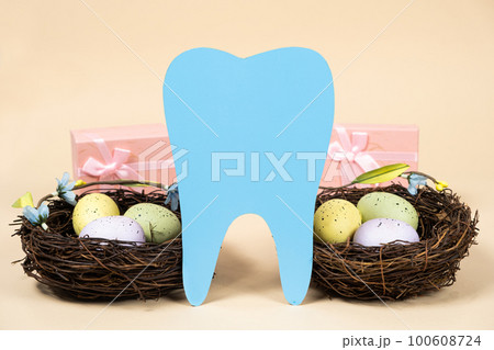 Easter dentistry. Blue tooth and painted eggs in nests on a beige background, a place for text. Easter dentistry. Blue tooth and painted eggs in nests on a beige background, a place for text. 100608724