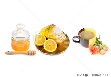 Sweet pastries and other desserts isolated on white . Collage. Free space for text. 100609653