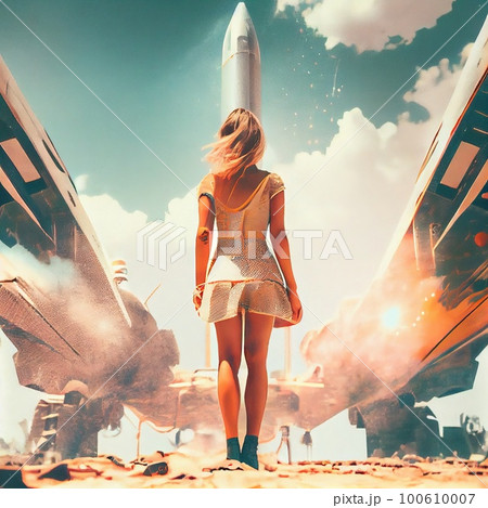 A girl watches a space rocket take off into the sky. A spaceship flies in search of new planets. Generative AI Art. A girl watches a space rocket take off into the sky. A spaceship flies in search of new planets. Generative AI Art. 100610007