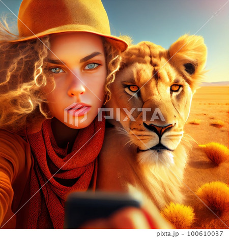 A man and his African lion look into the camera against a savanna backdrop. Generative AI Art. A man and his African lion look into the camera against a savanna backdrop. Generative AI Art. 100610037