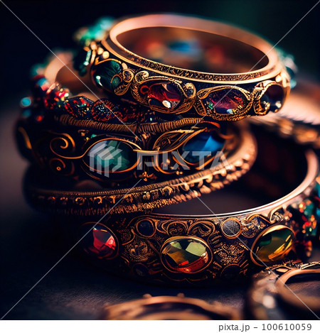 Gemstones, rings, earrings and bracelets. Jewelry and accessories for the fashionable woman. Generative AI Art. 100610059