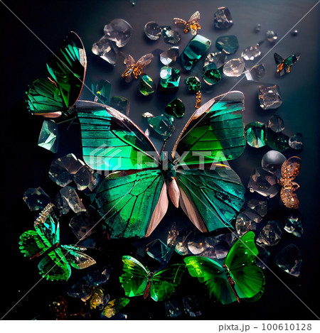 Butterfly of gemstones and crystals. Emerald or tourmaline green crystals. Jewelry made of crystals. Generative AI Art Butterfly of gemstones and crystals. Emerald or tourmaline green crystals. Jewelry made of crystals. Generative AI Art 100610128