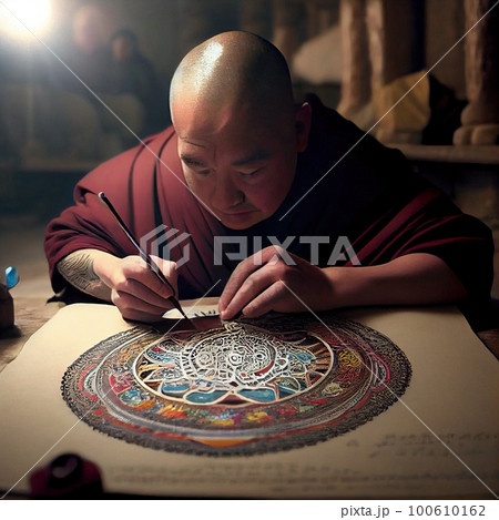 An old Buddhist monk dressed as a monk. Meditating Buddhist monk. Generative AI Art. 100610162