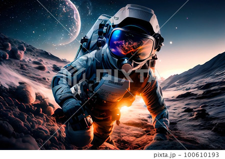 An astronaut on an alien planet. A high-tech astronaut from the future. Generative AI Art. 100610193
