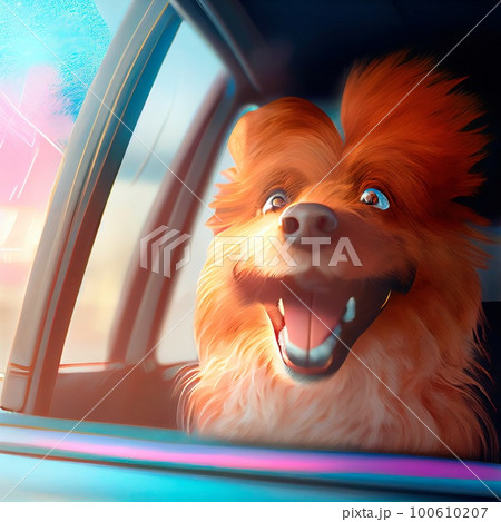 A playful, happy puppy peeks out the car window and is happy. The cheerful dog travels. Generative AI Art 100610207