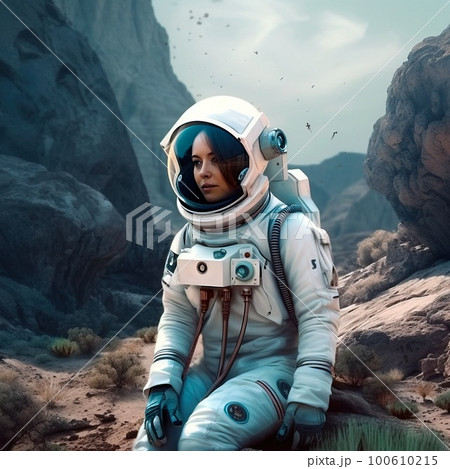 An astronaut on an alien planet. A high-tech astronaut from the future. Generative AI Art. 100610215