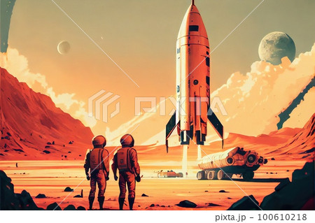 An astronauts on an alien planet. A high-tech astronaut from the future. Generative AI Art. 100610218