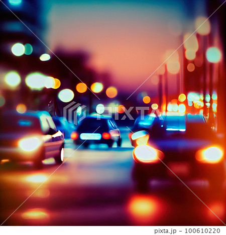Blurred out-of-focus blurred car lights in motion. Abstract bokeh background of modern city lights. Generative AI Art. 100610220