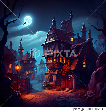 A medieval street with old houses in the evening. The concept of an old medieval vintage city. Generative AI Art. 100610231