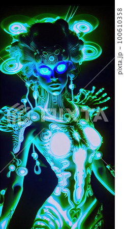 Portrait of a mystical fantasy bioluminescent neon woman. Glamorous fashionable lady. Generative AI Art. Portrait of a mystical fantasy bioluminescent neon woman. Glamorous fashionable lady. Generative AI Art. 100610358
