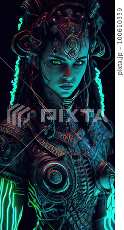 Portrait of a mystical fantasy bioluminescent neon woman. Glamorous fashionable lady. Generative AI Art. 100610359