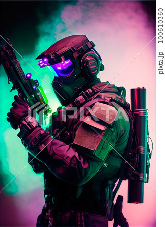 Portrait of Fantastic Warrior. High-tech futuristic man from the future. Generative AI Art. Portrait of Fantastic Warrior. High-tech futuristic man from the future. Generative AI Art. 100610360