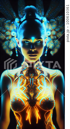 Portrait of a mystical fantasy bioluminescent neon woman. Glamorous fashionable lady. Generative AI Art. Portrait of a mystical fantasy bioluminescent neon woman. Glamorous fashionable lady. Generative AI Art. 100610361