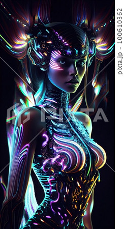 Portrait of a mystical fantasy bioluminescent neon woman. Glamorous fashionable lady. Generative AI Art. Portrait of a mystical fantasy bioluminescent neon woman. Glamorous fashionable lady. Generative AI Art. 100610362