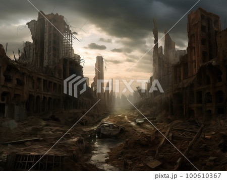 A post-apocalyptic ruined city. Destroyed buildings, destroyed roads, blown up skyscrapers. Generative AI Art. A post-apocalyptic ruined city. Destroyed buildings, destroyed roads, blown up skyscrapers. Generative AI Art. 100610367