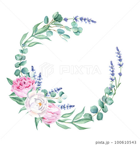 Watercolor peonies, eucalyptus, lavender branches wreath, round frame isolated on white background. Hand drawn botanical illustration. For wedding invitations, save the date, greeting card, logos Watercolor peonies, eucalyptus, lavender branches wreath, round frame isolated on white background. Hand drawn botanical illustration. For wedding invitations, save the date, greeting card, logos 100610543