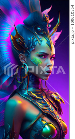 Portrait of a mystical fantasy bioluminescent neon woman. Glamorous fashionable lady. Generative AI Art. 100610554