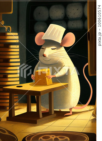 Cartoon mouse cook in a warehouse in the middle of the cheese. Generative AI Art. Cartoon mouse cook in a warehouse in the middle of the cheese. Generative AI Art. 100610574