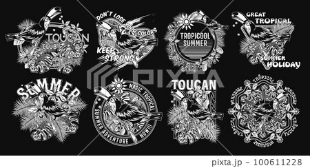 Set of labels with toucan bird, tropical foliage, orchid, text on black background. Holiday summer theme. Detailed illustration for prints, clothing, t shirt design Set of labels with toucan bird, tropical foliage, orchid, text on black background. Holiday summer theme. Detailed illustration for prints, clothing, t shirt design 100611228