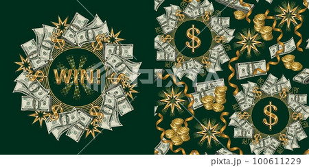 Set of pattern, circle label with 100 US dollar bills, wads, shiny golden dollar sign, ribbons, stars, halftone shapes, stacks of coins Concept of success, jackpot, luck, win, casino, Vintage style Set of pattern, circle label with 100 US dollar bills, wads, shiny golden dollar sign, ribbons, stars, halftone shapes, stacks of coins Concept of success, jackpot, luck, win, casino, Vintage style 100611229