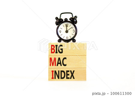 BMI big mac index symbol. Concept words BMI big mac index on wooden blocks on a beautiful white table white background. Black alarm clock. Business and BMI big mac index concept. Copy space. BMI big mac index symbol. Concept words BMI big mac index on wooden blocks on a beautiful white table white background. Black alarm clock. Business and BMI big mac index concept. Copy space. 100611300