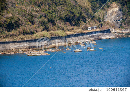 南九州の青空と青い海そして自然の力で作られた奇岩に打ち付ける波風をうけて走る白い日南線特急海幸山幸 100611367