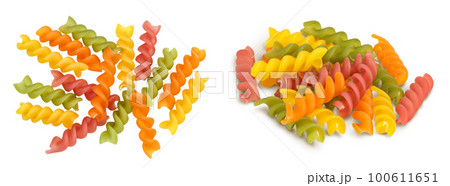 raw Fusilli colored pasta, isolated on white background with  full depth of field. Top view. Flat lay 100611651