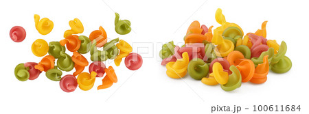 Raw colored pasta isolated on white background with  full depth of field. Top view. Flat lay 100611684