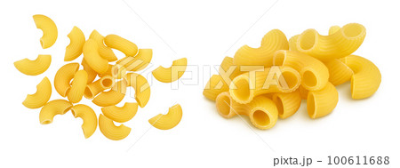 raw macaroni pasta isolated on white background with full depth of field. Top view. Flat lay raw macaroni pasta isolated on white background with full depth of field. Top view. Flat lay 100611688