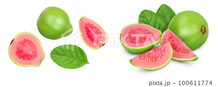 Guava fruit with slices isolated on white background with  full depth of field. Top view. Flat lay 100611774