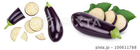 Eggplant or aubergine with slices isolated on white background with full depth of field. top, view, flat lay 100611788
