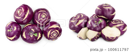 Cabbage kohlrabi isolated on white background closeup, Top view. Flat lay. 100611797