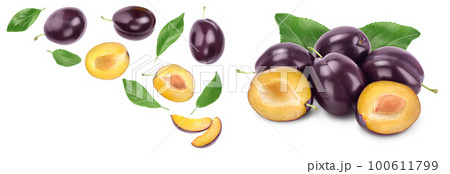 fresh purple plum and half with leaves isolated on white background with  copy spase for your text. Top view. Flat lay 100611799
