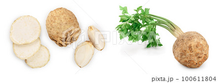 Fresh celery root isolated on white background. Top view. Flat lay. Set or collection 100611804