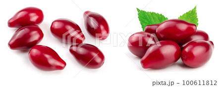 Red berries of cornel or dogwood isolated on white background. Top view. Flat lay 100611812